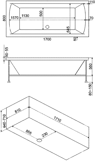 Акриловая ванна Bas Индика 170x80 без гидромассажа