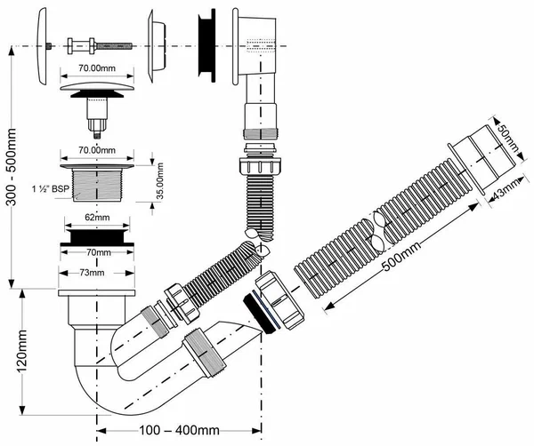 Обвязка для ванны McAlpine MRB4CB L500 мм с нажимной кнопкой и отводной трубой