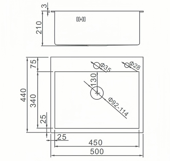 Мойка врезная AGATA C5044-AR Сатин 50х44 см с круглым отверстием толщина 1,0 мм, глубина 220 мм сифон, каландер, дозатор