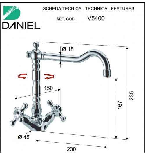 Смеситель Daniel Revival V5400 br 63 для раковины, бронза