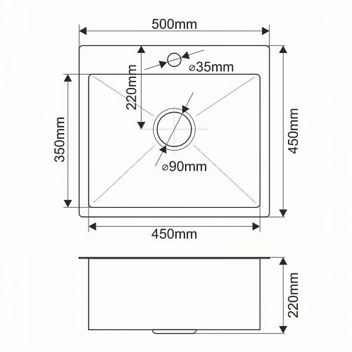 Мойка врезная AGATA B5044-AS Графит 50х44 см с квадратным отверстием толщина 1,0 мм, глубина 220 мм сифон, каландер, дозатор