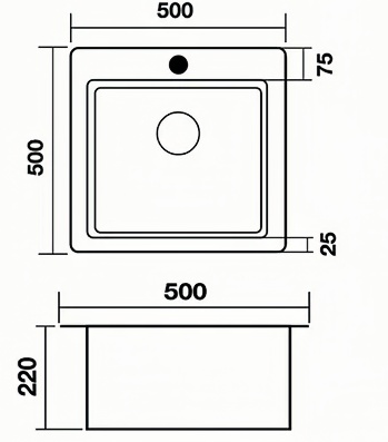 Мойка врезная AGATA C5050-AS Сатин 50х50 см с квадратным отверстиемтолщина 1,0 мм, глубина 220 мм сифон, каландер, дозатор