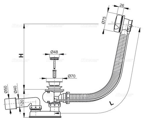 A51B Сифон для ванны автомат комплект белый пластик/металл A51B AlcaPlast