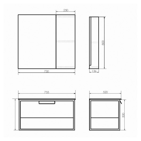 COMFORTY. Зеркало-шкаф Бонн-75 дуб дымчатый (Зеркало Короб 1+Шкаф к зеркалу Короб 2)