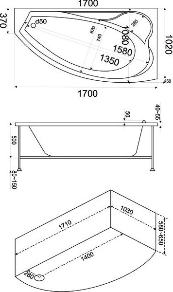 Ванна НИКОЛЬ Правая 1700х100