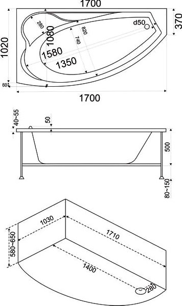 Ванна НИКОЛЬ Левая 1700х100