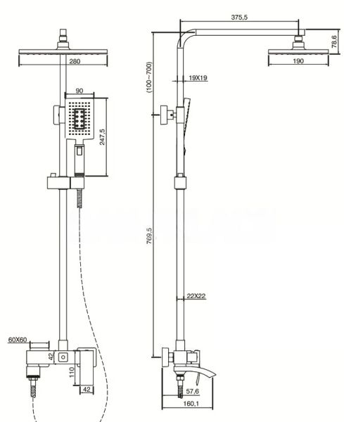 Kern 5057 Gun  Душевая система с смесителем и верхней лейкой из латуни 30смх30см