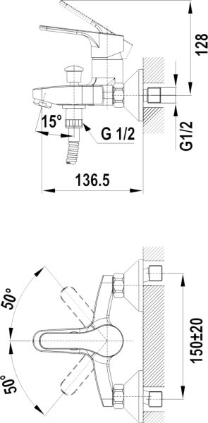Тека-SALINA смеситель для ванны и душа, керам.картридж 35 мм, без душевого набора