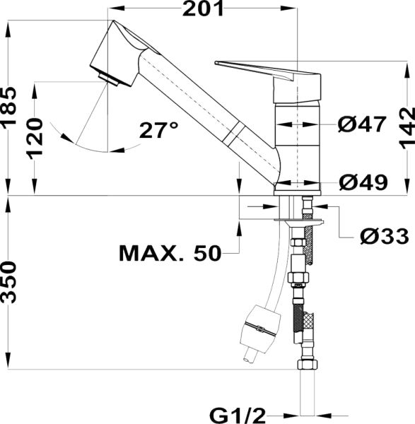 Тека-MANACOR смеситель для кухни с вытяжным изливом,лейка 2 режима, керам.картридж 40 мм
