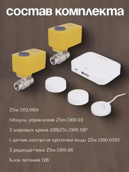 Системы защиты 1/2 от протечек воды (модуль управления-1шт. шаровые краны-2шт. датчик контроля протечки воды-1шт. радиодачик-2шт. )+TUYA ZEISSLER ZSw.1312.0104