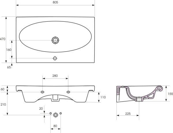 NATURE 80  Раковина встраиваемая 1отв. 80,5*47 белый Cersanit