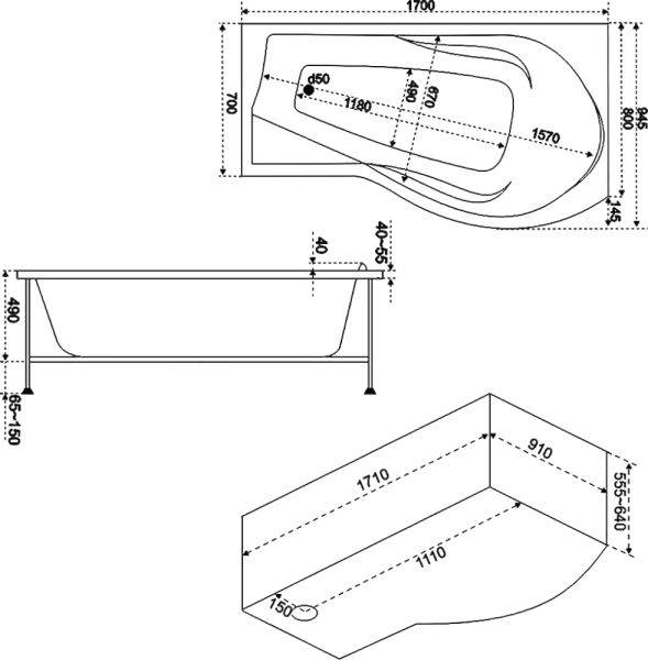 Ванна КАПРИ (правая) 1700х945