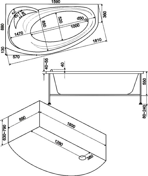 Ванна  ФЛОРИДА Левая 1600х880