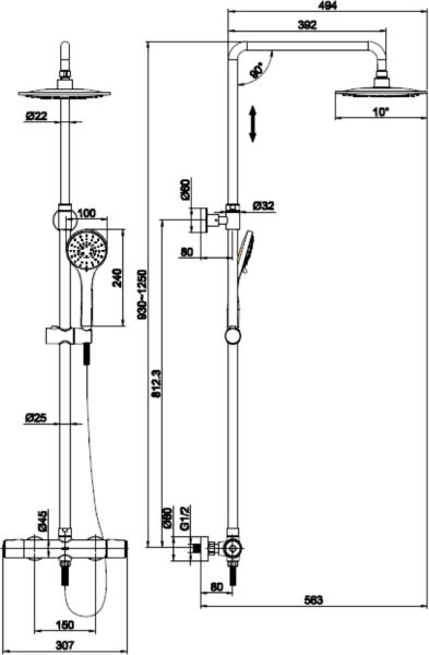 Душевая система Cersanit ODRA (смеситель термостатический), душ 3 режима, шланг 150 мм, 63069