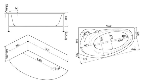 Ванна  ФЛОРИДА Правая 1600х880