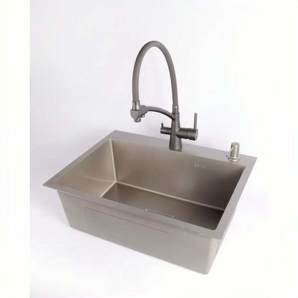 Мойка врезная AGATA GG6045-AS Оружейный серый 60х45 см сквадратным отверстием 3,0 х 1,0 мм, глубина 210 мм сифон, коландер,дозатор