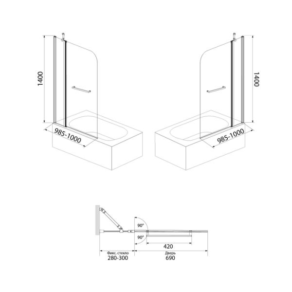 Душевые шторки на ванну RAY RAY6CS0i90 Размер: 1000х1400