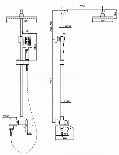 KERN 5057  Wnite  Душевая система с смесителем и верхней лейкой из латуни 30смх30см
