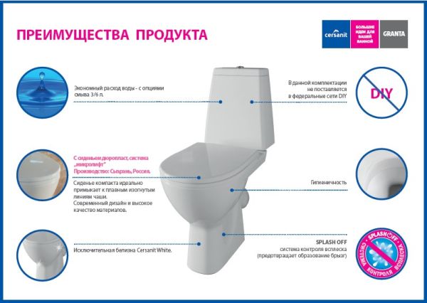 Cersanit. Унитаз-компакт GRANTA 031, косой выпуск, сиденье дюропласт с микролифтом easy off, 2-реж. арматура